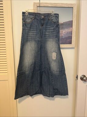 Size 3 Mudd Denim Maxi Skirt with Faded & Distressed Details